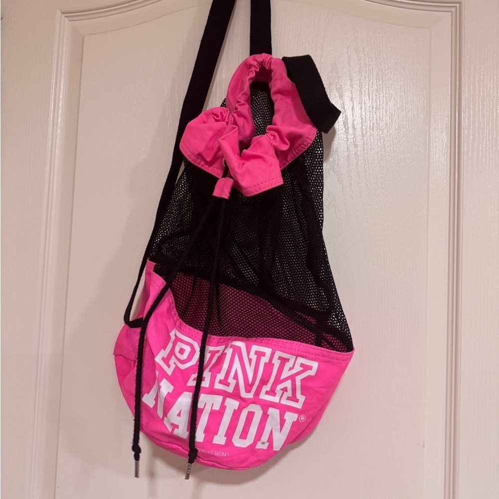 VS PINK pink and black Mesh Drawstring Bag​​​​
